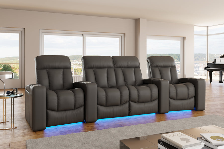 Valencia Olivia Top Grain Leather Row of 4 Loveseat Center Home Theater Seating, Cloudy Grey