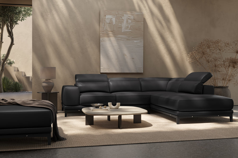 Valletta Sectional Leather Lounge, L-Shape & Right Chaise, Black