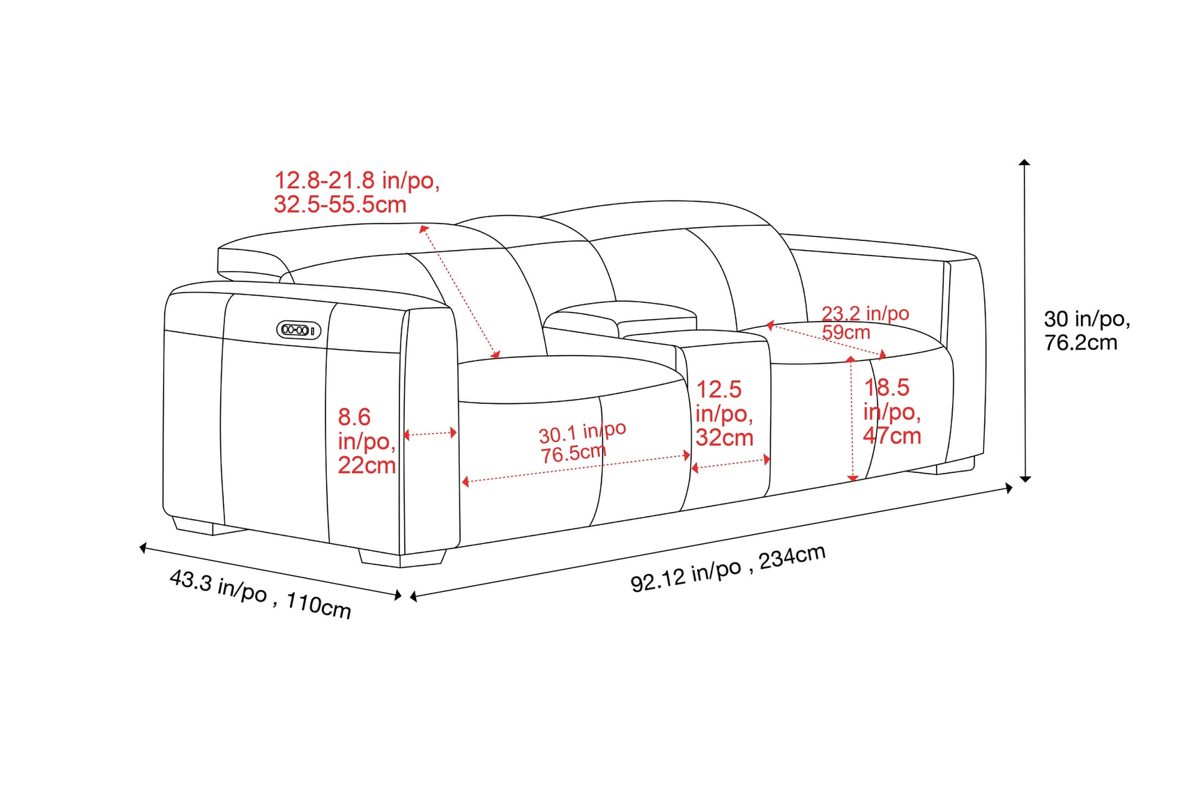 Carmen Leather Dual Recliner Lounge with Console