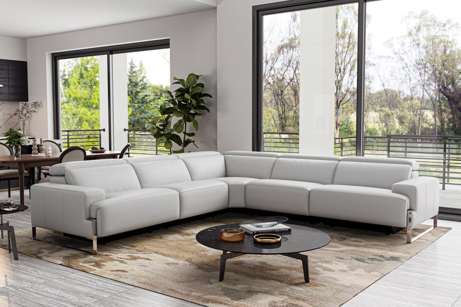 Valencia Melania Top Grain Leather L-Shape Reclining Sectional Lounge, Light Grey Color