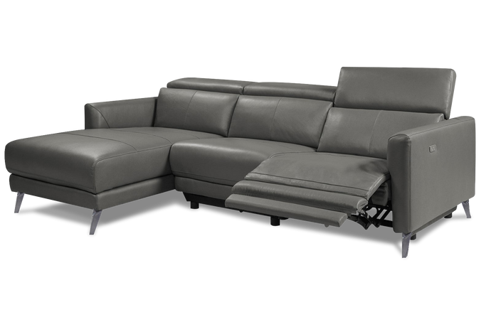 Valencia Andria Modern Left Hand Facing Top Grain Leather Reclining Sectional Lounge, Grey