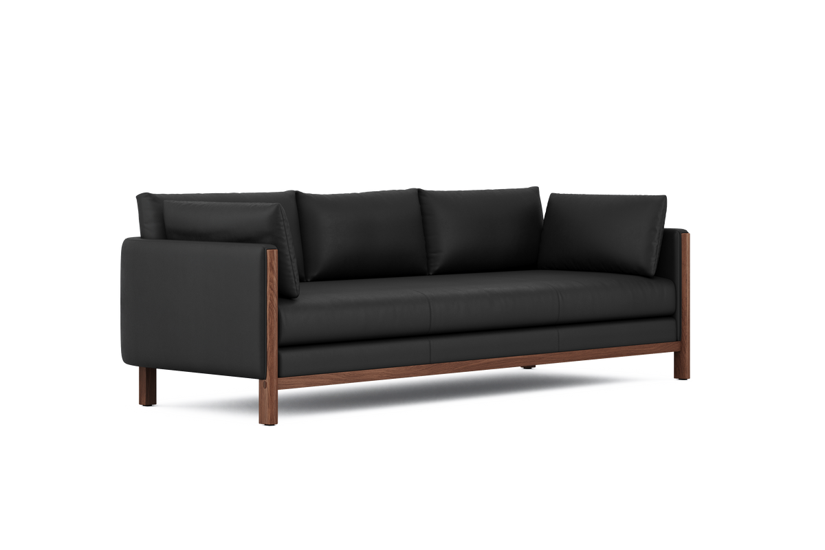Matera Top Grain Leather Three Seats Lounge with Wooden Legs, Black