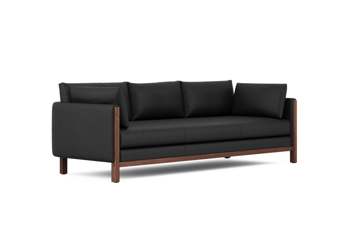 Matera Top Grain Leather Three Seats Lounge with Wooden Legs, Black