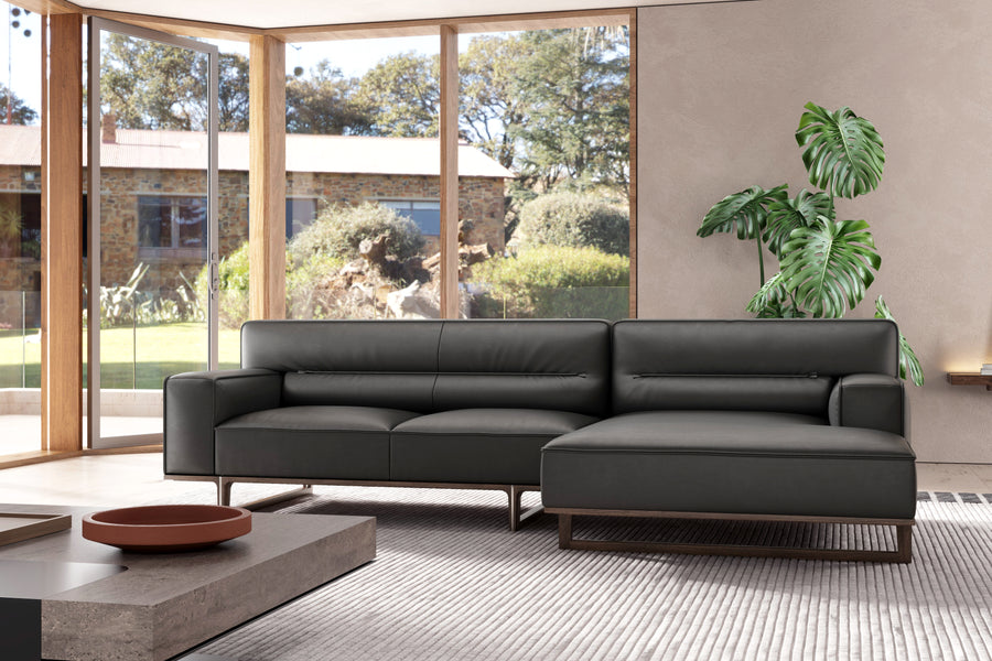 Valencia Varna Leather Three Seats with Right Chaise Sectional Lounge, Black Color