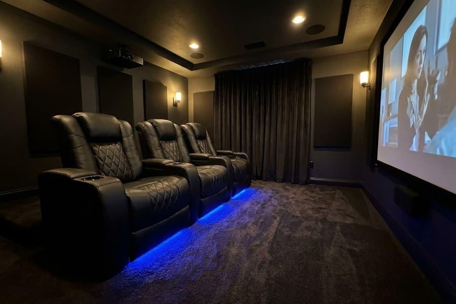 Valencia Tuscany theater seating row in a dedicated home cinema with ambient LED lighting