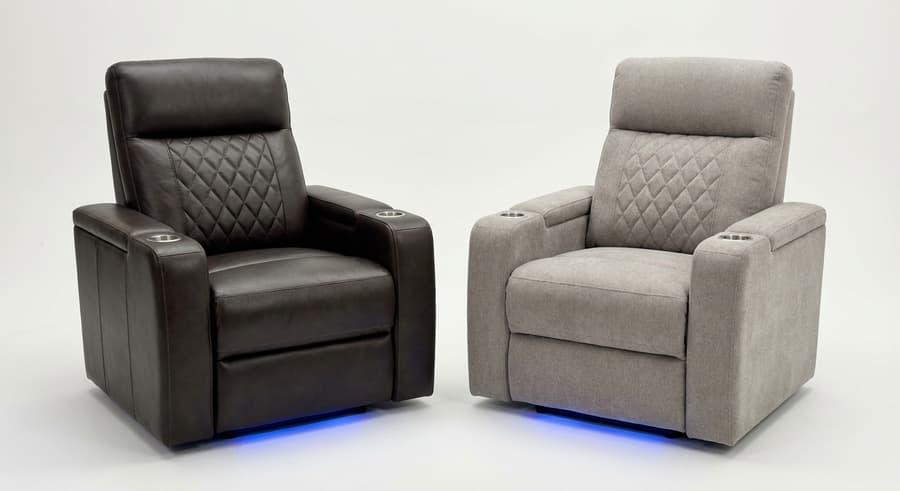 Dark leather and light fabric theater recliners side by side showing material contrast