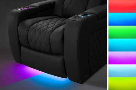 Home theater seat with cup holders, USB charging, and LED lighting