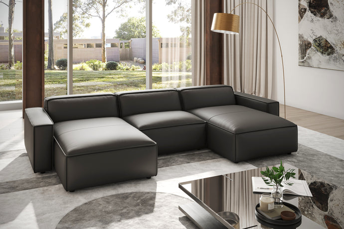 Valencia Nathan Aniline Leather Modular Lounge with Down Feather, Row of 3 Double Chaises, Black