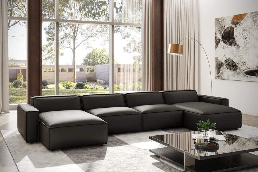 Valencia Montana Full Aniline Leather Theater Lounge Modular Sofa with Down Feather, Row of 4 Double Chaise, Black Color