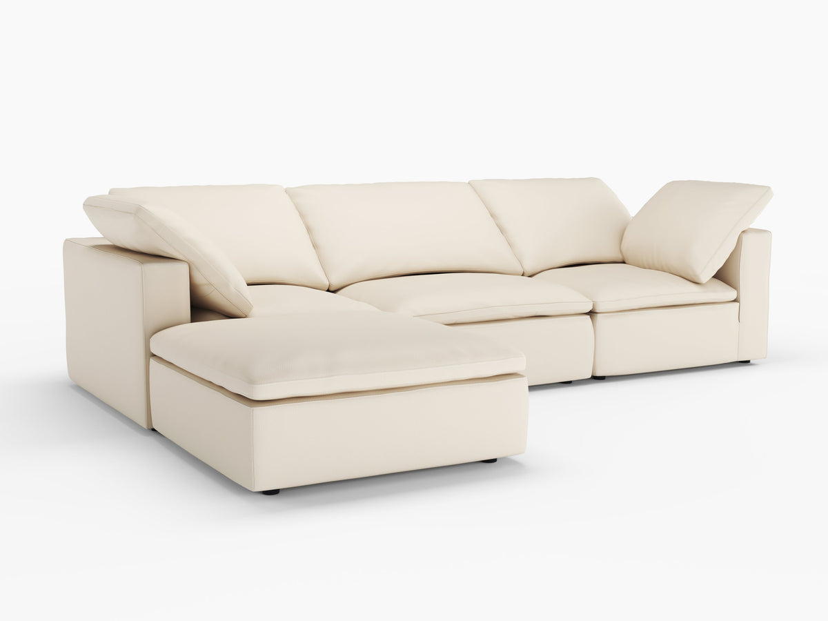 Valencia Claire Full-Aniline Leather Three Seats with Ottoman Cloud Feel Lounge, Beige