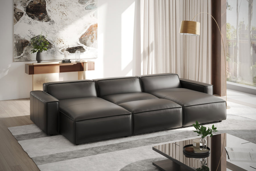 Valencia Nathan Aniline Leather Modular Sofa with Down Feather, Bed Shape, Black