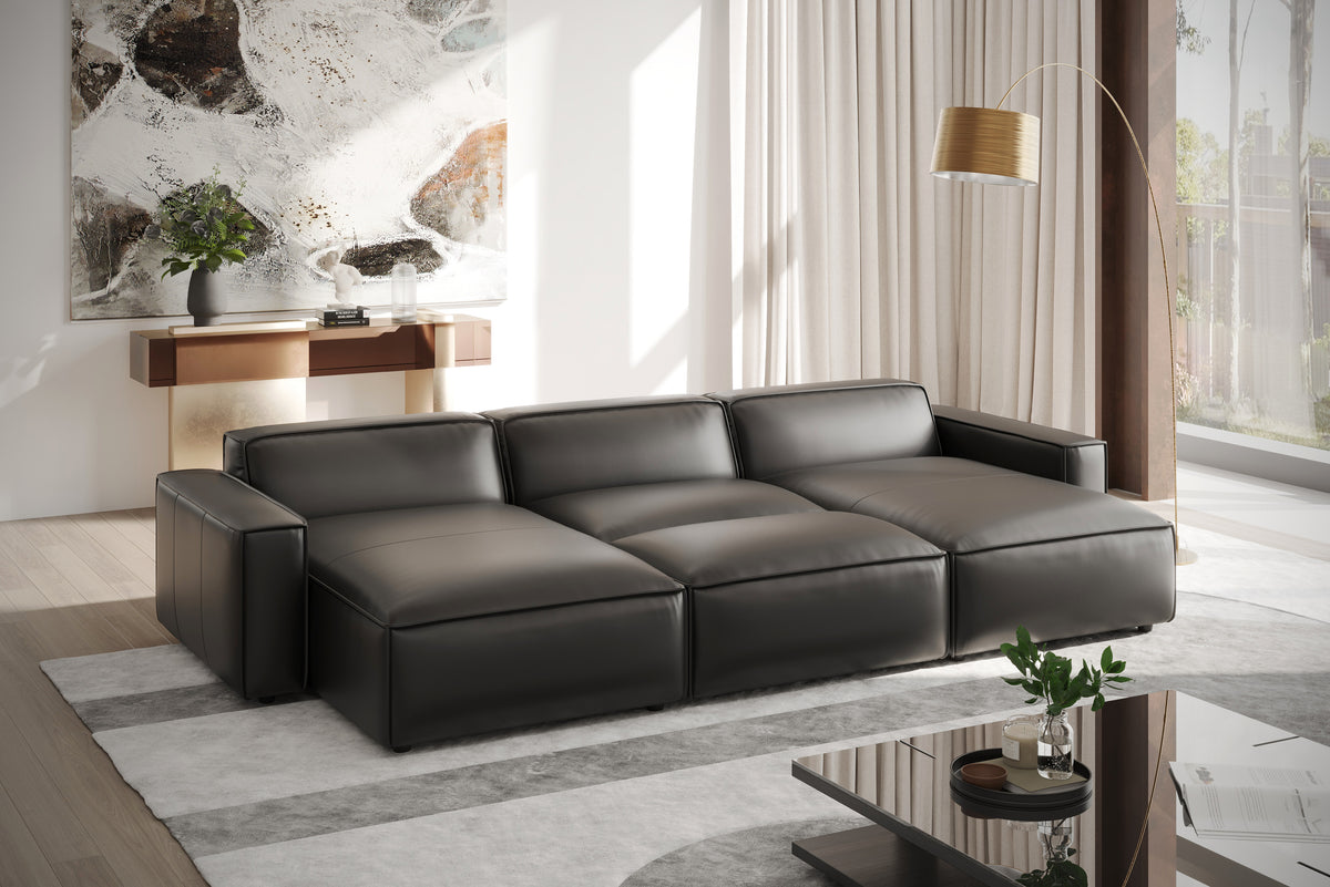 Valencia Nathan Aniline Leather Modular Lounge with Down Feather, Bed Shape, Black