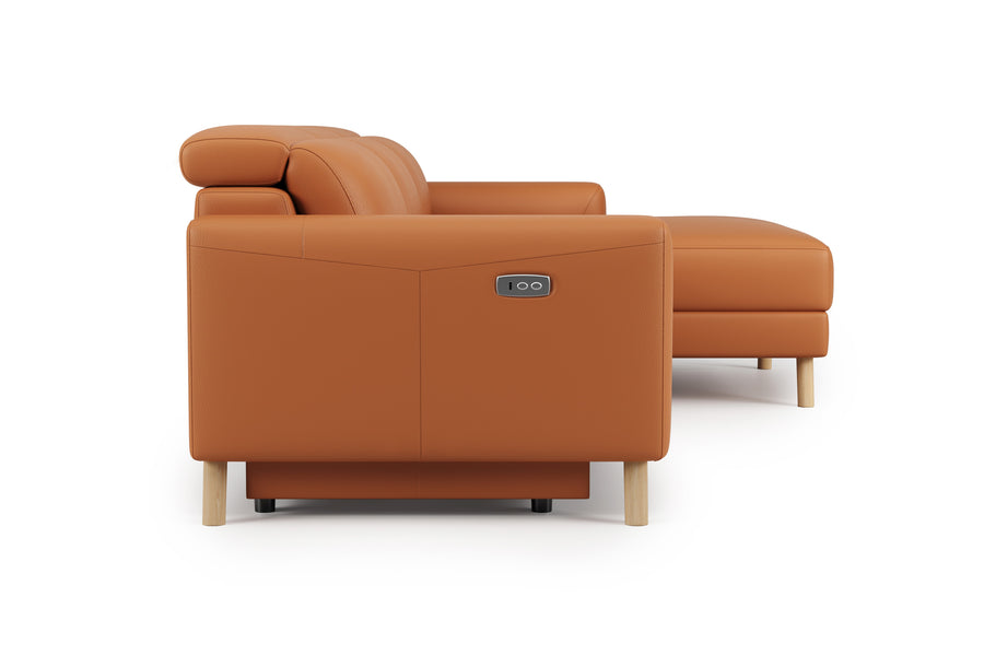 Valencia Elodie Top Grain Leather Sectional Lounge, Three Seats with Right Chaise, Cognac