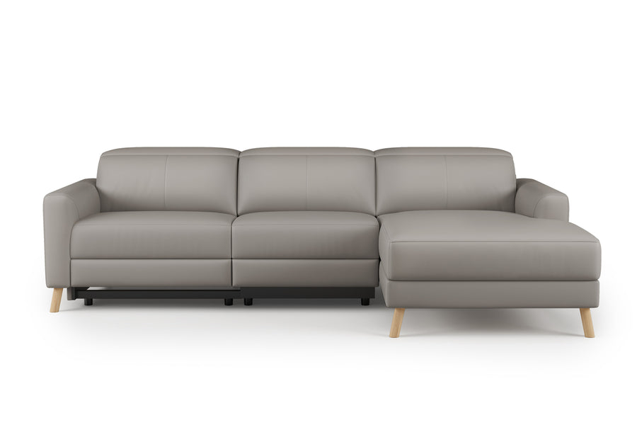 Valencia Elodie Top Grain Leather Sectional Lounge, Three Seats with Right Chaise, Light Grey