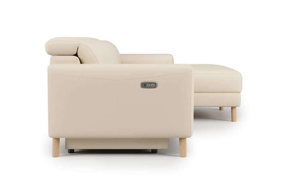 Valencia Elodie Top Grain Leather Sectional Lounge, Three Seats with Right Chaise, Beige