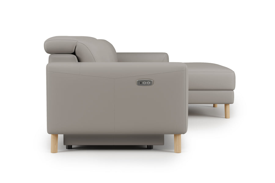 Valencia Elodie Top Grain Leather Sectional Lounge, Three Seats with Right Chaise, Light Grey