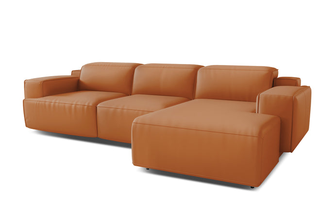 Valencia Valentina Leather Three Seats with Right Chaise Recliner Lounge, Cognac