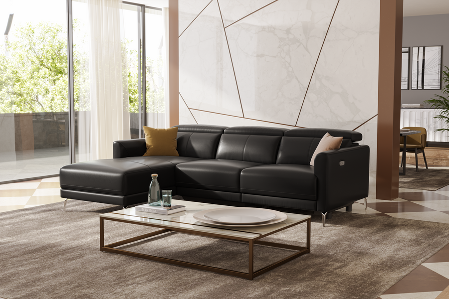 Valencia Andria Modern Left Hand Facing Top Grain Leather Reclining Sectional Lounge, Black