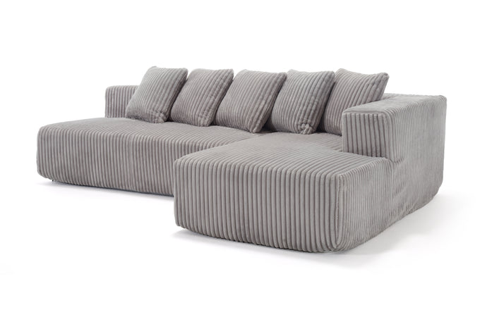 Valencia Alexus Corduroy Fabric Right Chaise Sectional Lounge, Light Grey