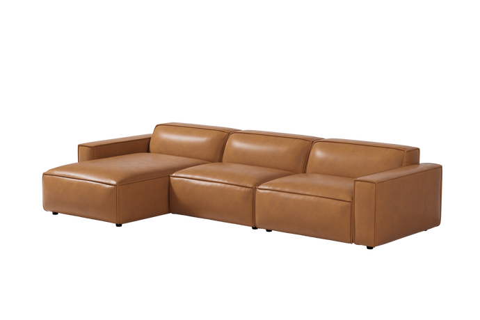 Valencia Nathan Aniline Leather Modular Left Chaise Lounge with Down Feather, Caramel Brown