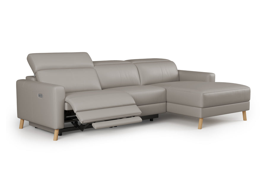 Valencia Elodie Top Grain Leather Sectional Lounge, Three Seats with Right Chaise, Light Grey