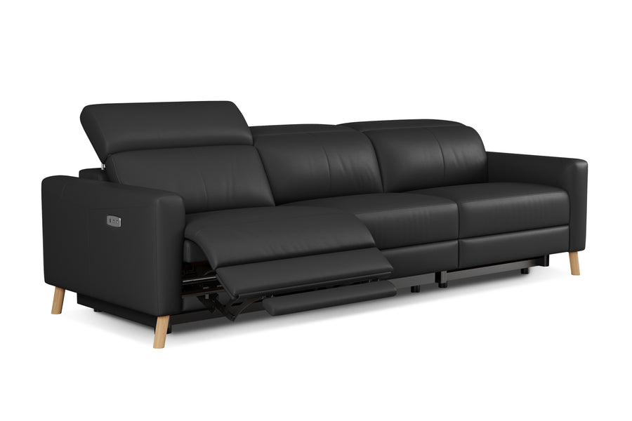 Valencia Elodie Top Grain Leather Three Seats with Double Recliners Lounge, Black