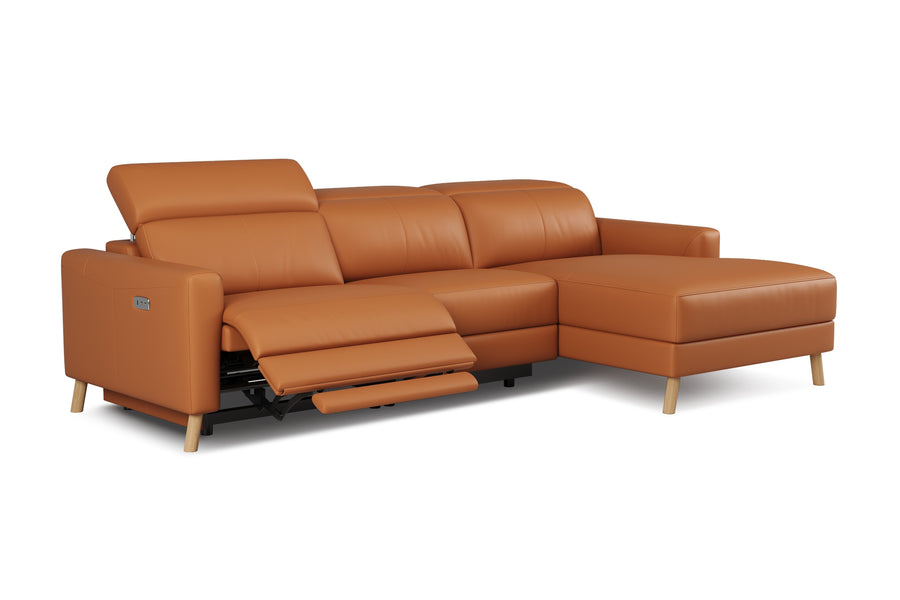 Valencia Elodie Top Grain Leather Sectional Lounge, Three Seats with Right Chaise, Cognac