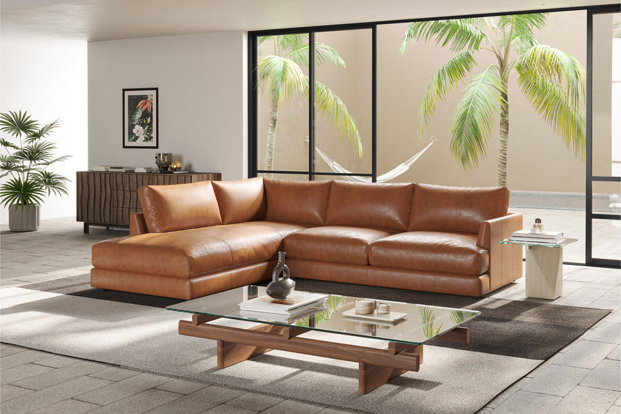 Valencia Serena Leather Three Seats with Left Chaise Sectional Lounge, Cognac