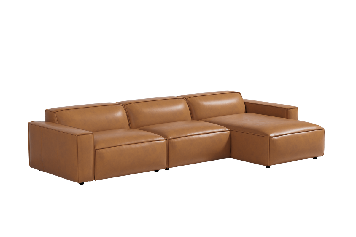 Valencia Nathan Aniline Leather Modular Right Chaise Lounge with Down Feather, Caramel Brown