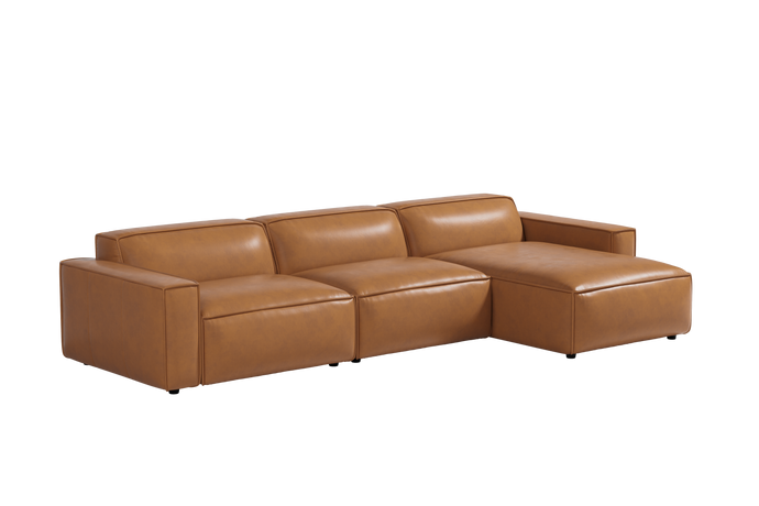 Valencia Nathan Aniline Leather Modular Right Chaise Lounge with Down Feather, Caramel Brown