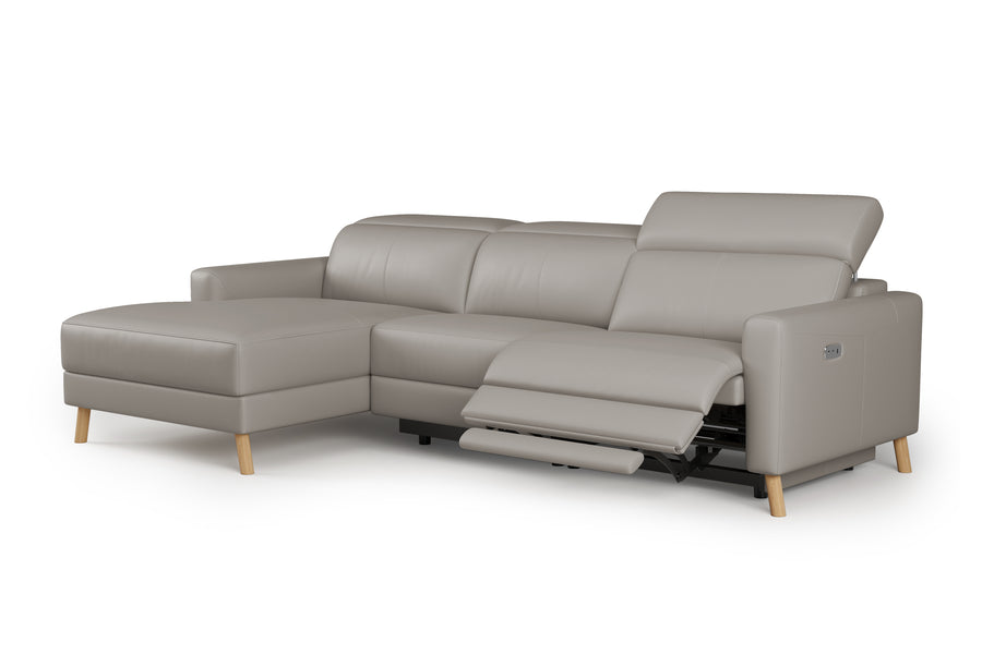 Valencia Elodie Top Grain Leather Sectional Lounge, Three Seats with Left Chaise, Light Grey