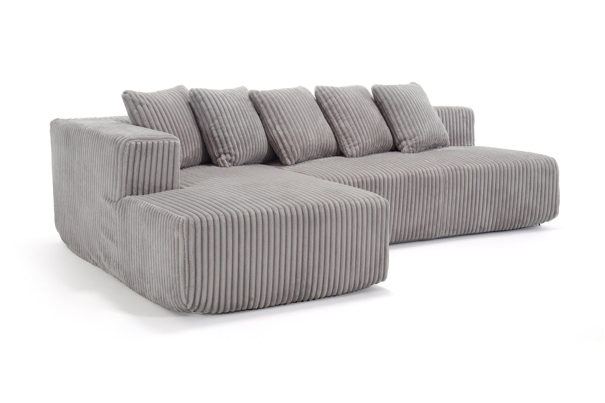 Valencia Alexus Corduroy Fabric Left Chaise Sectional Lounge, Light Grey