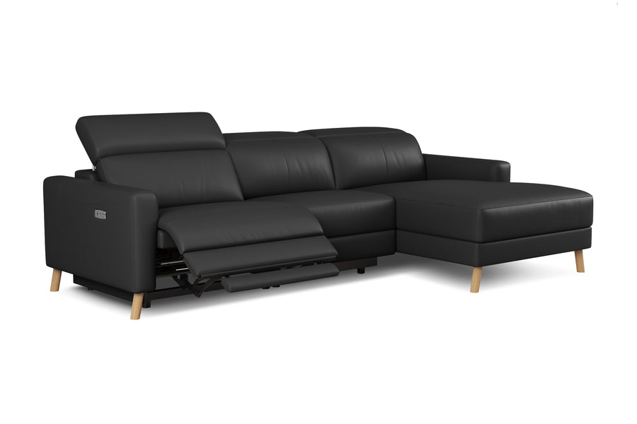 Valencia Elodie Top Grain Leather Sectional Lounge, Three Seats with Right Chaise, Black