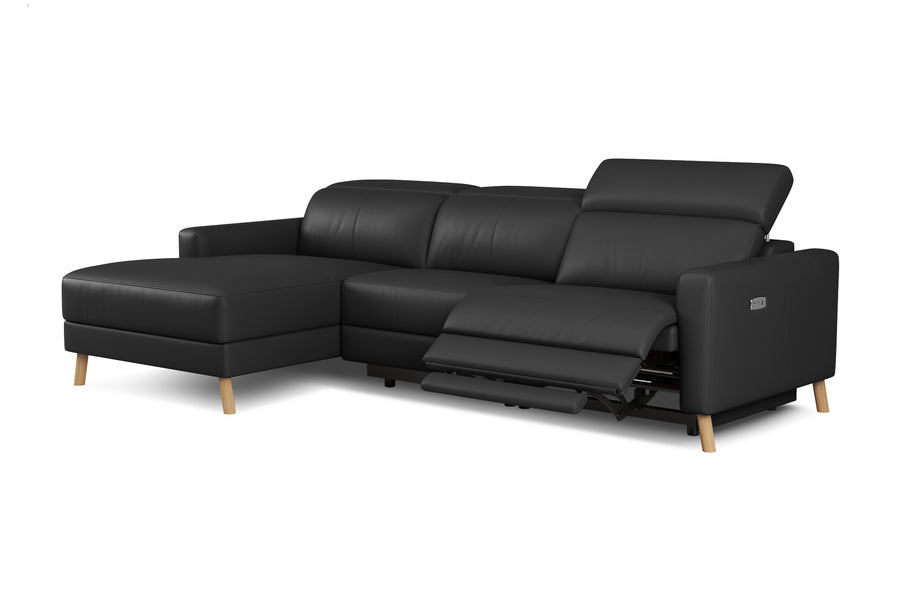 Valencia Elodie Top Grain Leather Sectional Lounge, Three Seats with Left Chaise, Black