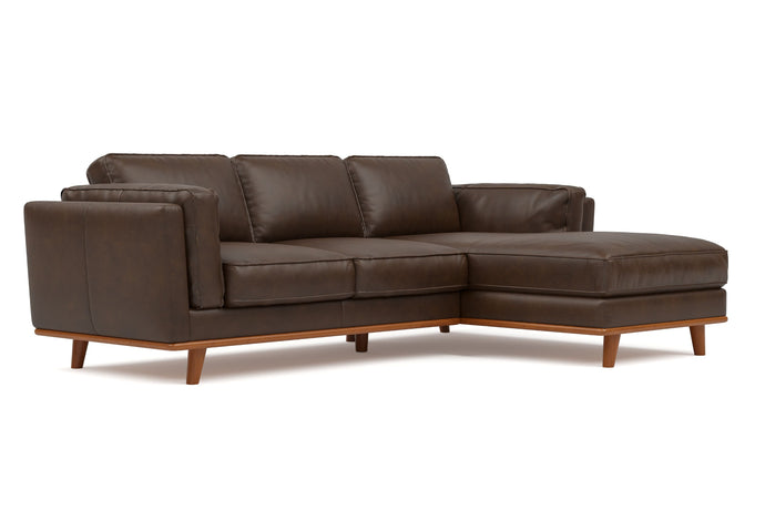 Valencia Artisan Top Grain Leather Three Seats with Right Chaise Leather Lounge, Dark Chocolate