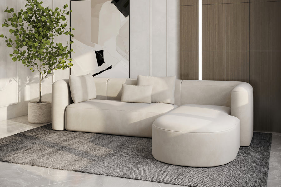 Valencia Jordyn Velvet Fabric Sectional Lounge, Three Seats With Right Chaise, Beige