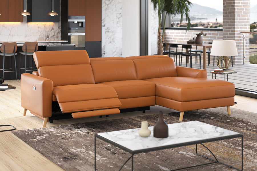 Valencia Elodie Top Grain Leather Sectional Lounge, Three Seats with Right Chaise, Cognac