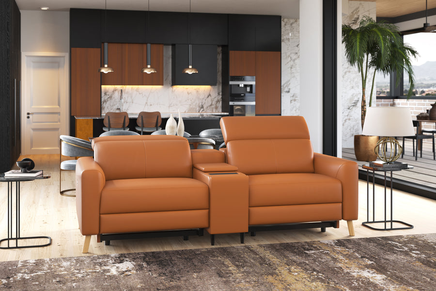 Valencia Elodie Top Grain Leather Loveseat with Console Lounge, Cognac