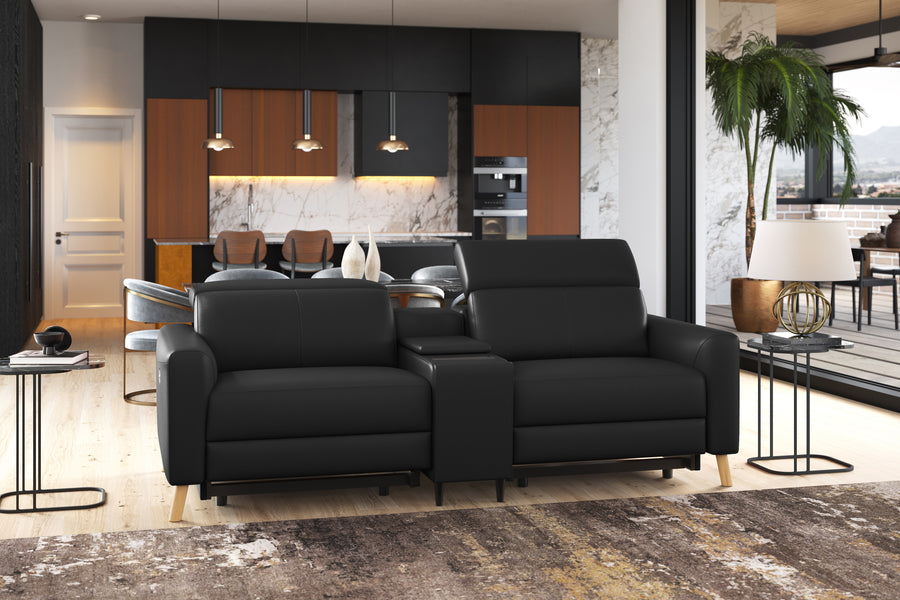 Valencia Elodie Top Grain Leather Loveseat with Console Lounge, Black