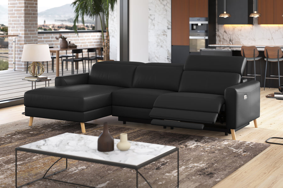 Valencia Elodie Top Grain Leather Sectional Lounge, Three Seats with Left Chaise, Black