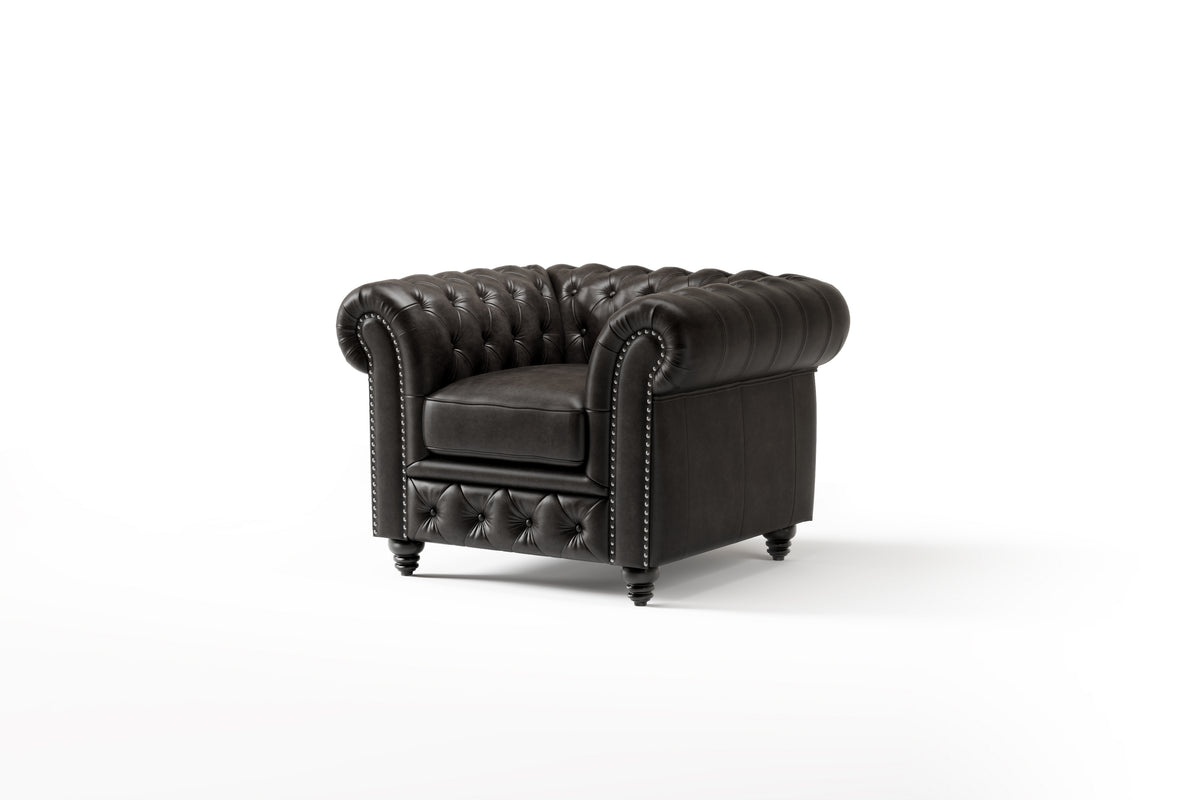 Valencia Parma Full Aniline Leather Chesterfield Single Lounge Accent Chair, Black