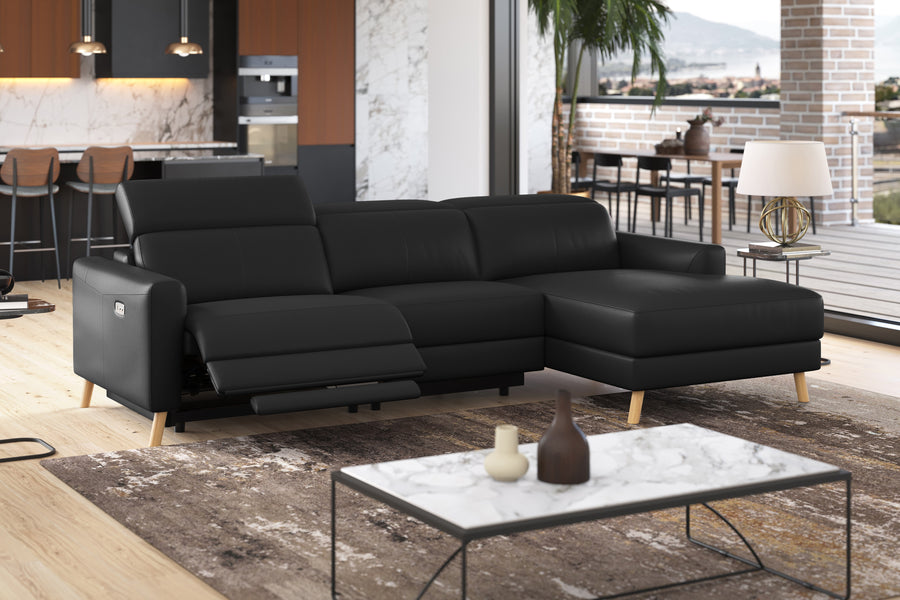 Valencia Elodie Top Grain Leather Sectional Lounge, Three Seats with Right Chaise, Black