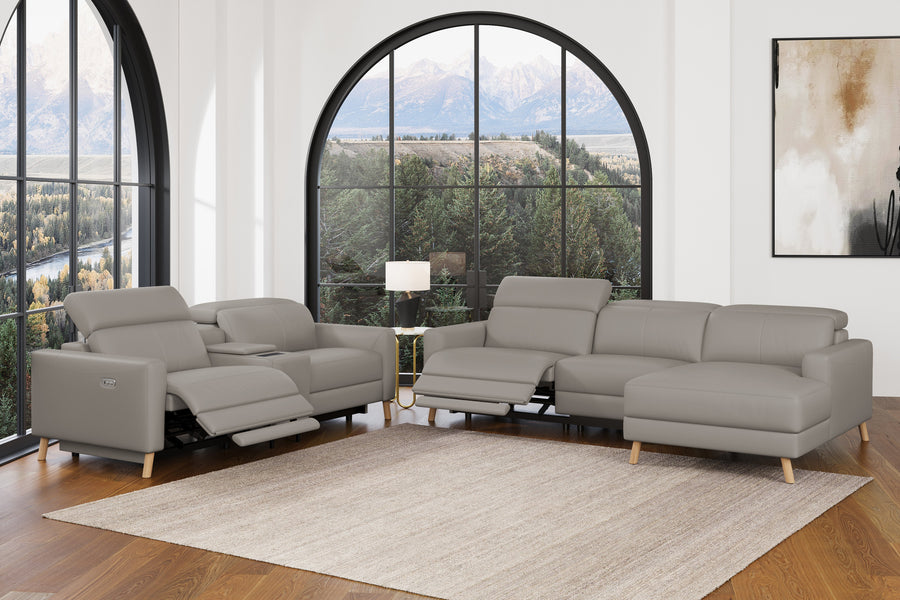 Valencia Elodie Top Grain Leather Sectional Lounge, Three Seats with Right Chaise, Light Grey