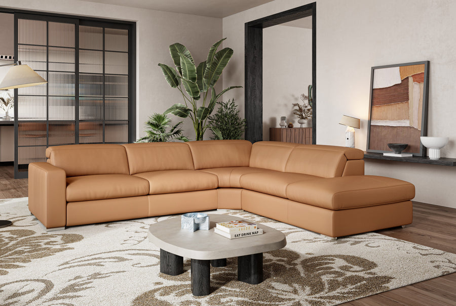 Valencia Clara Leather Reclining Sectional Lounge, Right Hand Chaise, Cognac