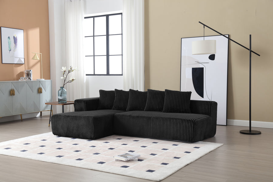 Valencia Alexus Corduroy Fabric Left Chaise Sectional Lounge, Black