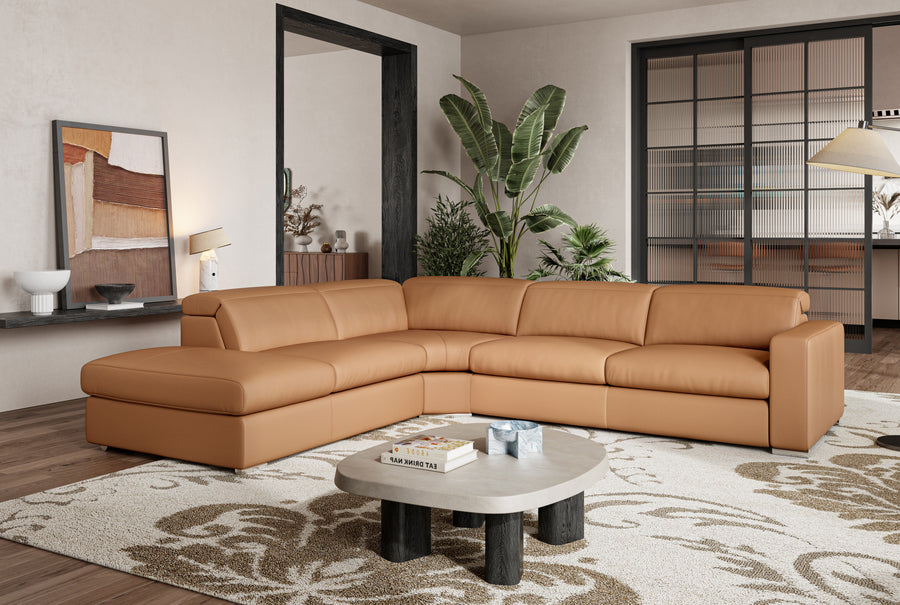 Valencia Clara Leather Reclining Sectional Lounge, Left Hand Chaise, Cognac