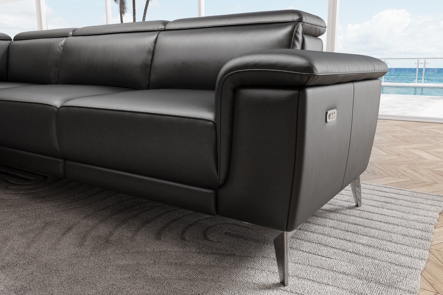 Valencia Pista Modern Top Grain Leather Left-Hand Facing Sectional Lounge, Black