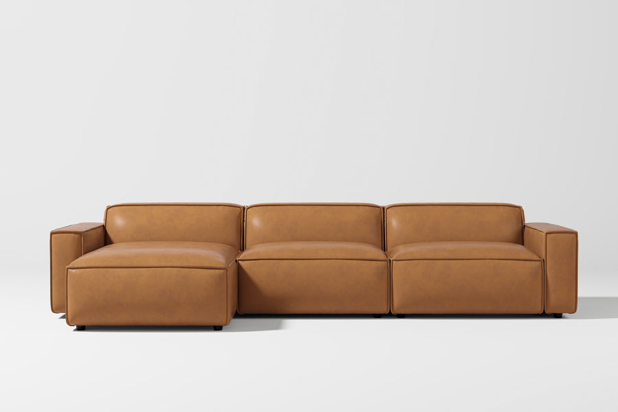 Valencia Nathan Aniline Leather Modular Left Chaise Sofa with Down Feather, Caramel Brown