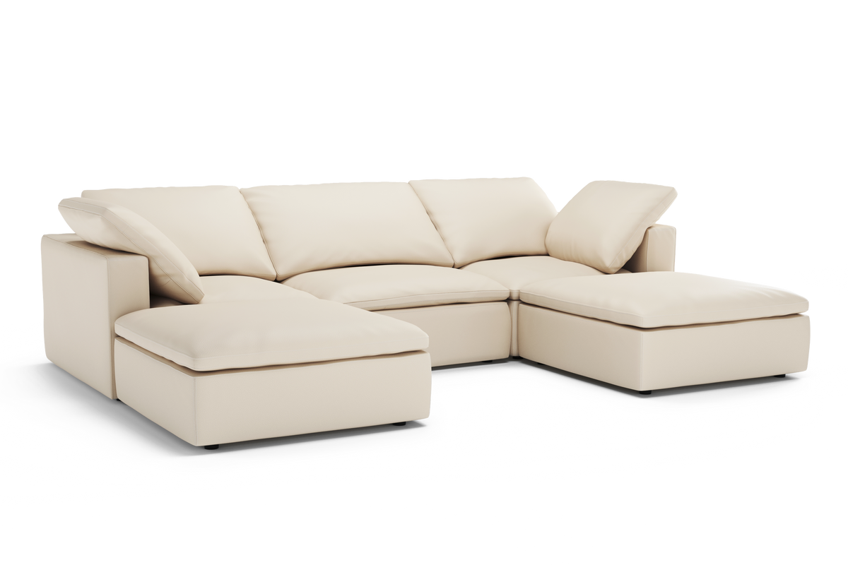 Valencia Claire Full-Aniline Leather Three Seats with 2 Ottomans Cloud Feel Lounge, Beige