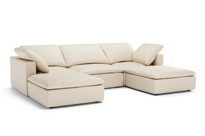 Valencia Claire Full-Aniline Leather Three Seats with 2 Ottomans Cloud Feel Lounge, Beige